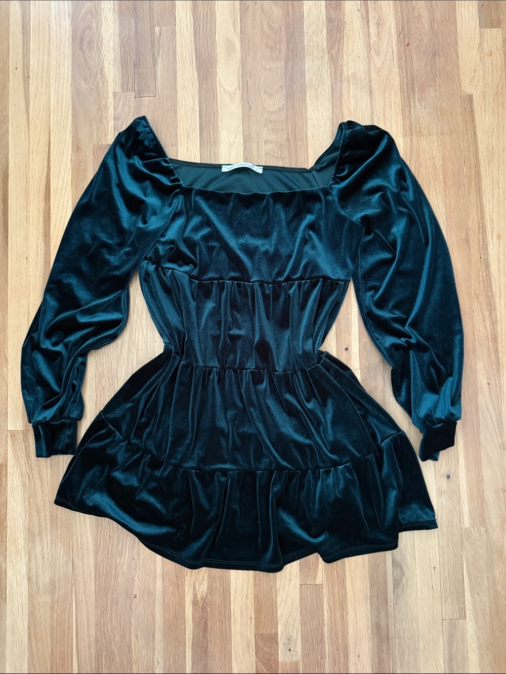 Altar'd State Forest Green Velvet Square Neck Long Sleeve Tiered Mini Dress